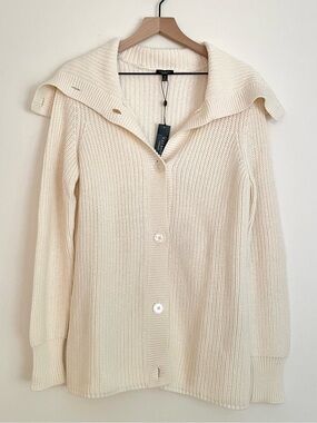 Talbot’s Cream 100% Cotton Button-Front Knit Sweater Cardigan with Wide Collar
